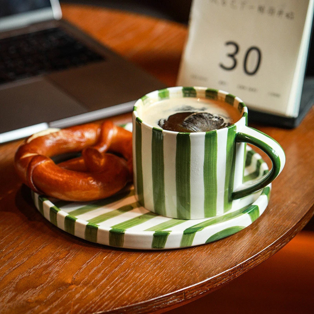 RetroLinea Ceramic Cup and Saucer | Hand-painted striped coffee mug and plate for everyday use