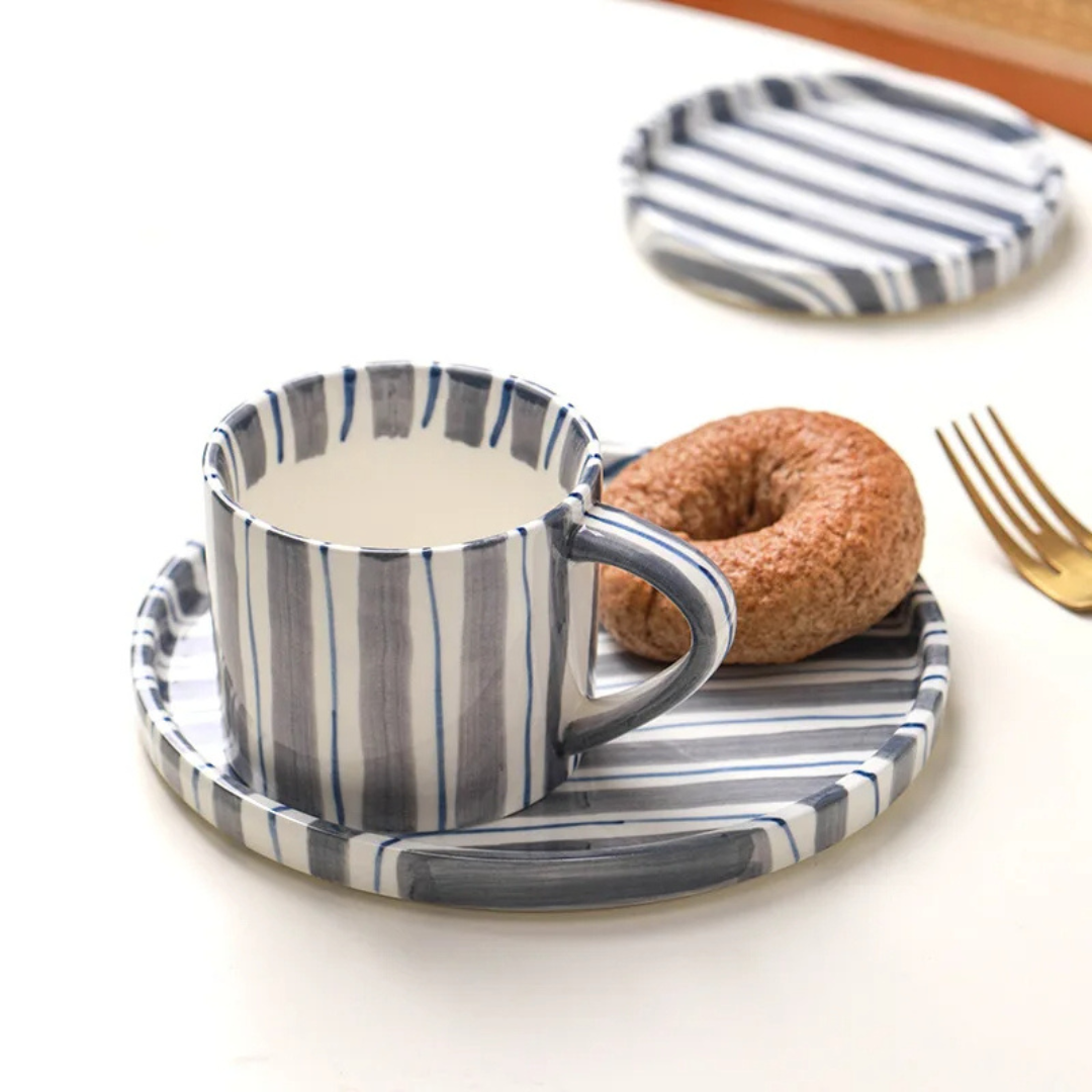 RetroLinea Ceramic Cup and Saucer | Hand-painted striped coffee mug and plate for everyday use