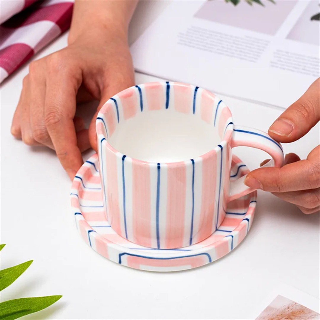 RetroLinea Ceramic Cup and Saucer | Hand-painted striped coffee mug and plate for everyday use