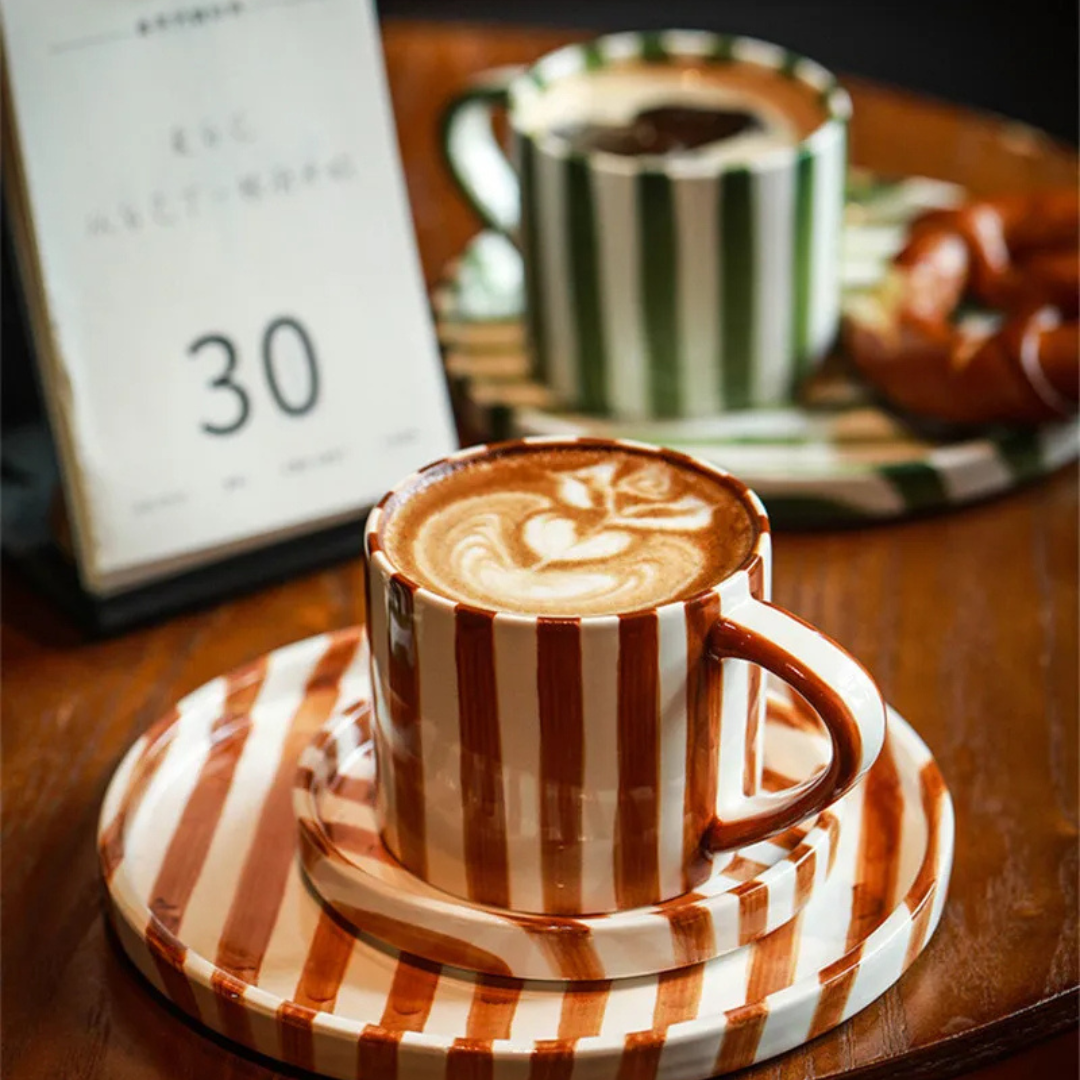 RetroLinea Ceramic Cup and Saucer | Hand-painted striped coffee mug and plate for everyday use