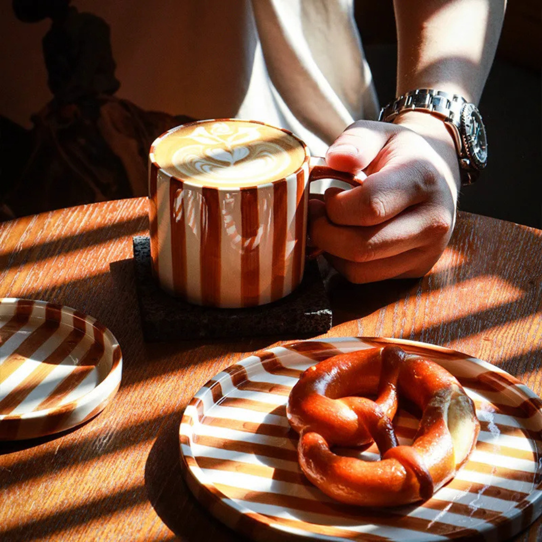 RetroLinea Ceramic Cup and Saucer | Hand-painted striped coffee mug and plate for everyday use