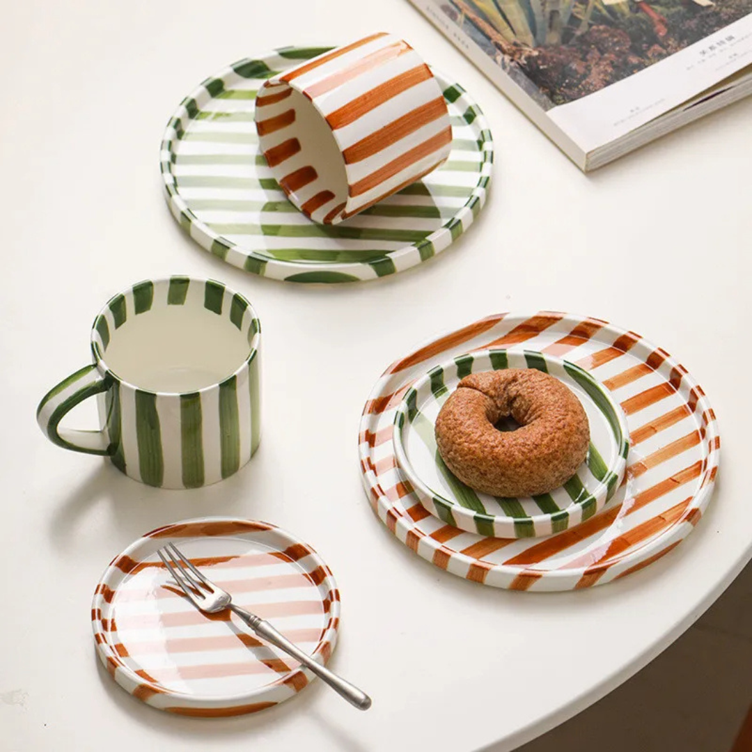 RetroLinea Ceramic Cup and Saucer | Hand-painted striped coffee mug and plate for everyday use