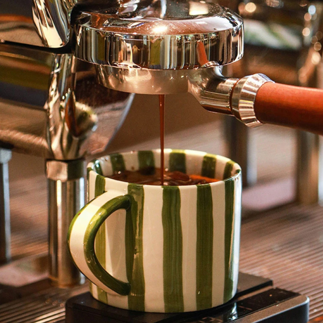 RetroLinea Ceramic Cup and Saucer | Hand-painted striped coffee mug and plate for everyday use