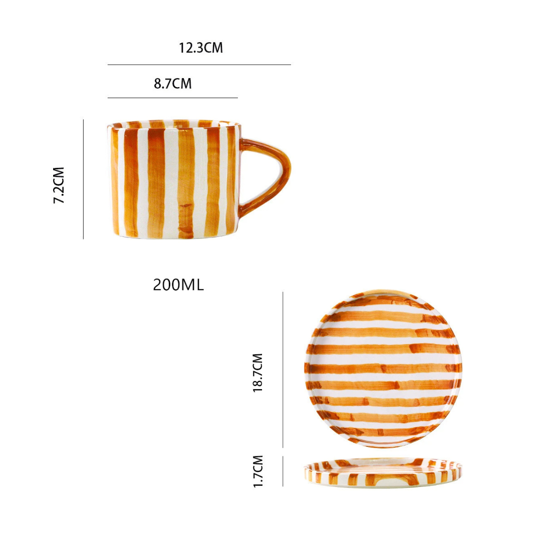 RetroLinea Ceramic Cup and Saucer | Hand-painted striped coffee mug and plate for everyday use