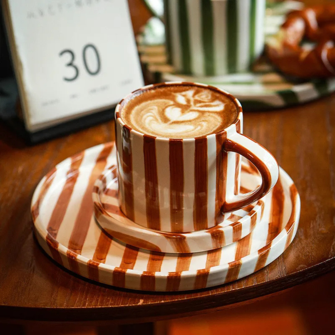 RetroLinea Ceramic Cup and Saucer | Hand-painted striped coffee mug and plate for everyday use